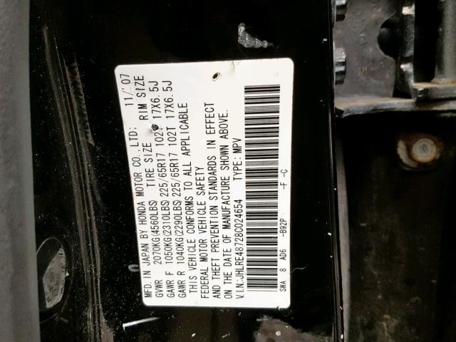 JHLRE48728C024654 - 2008 HONDA CR-V EXL BLACK photo 10