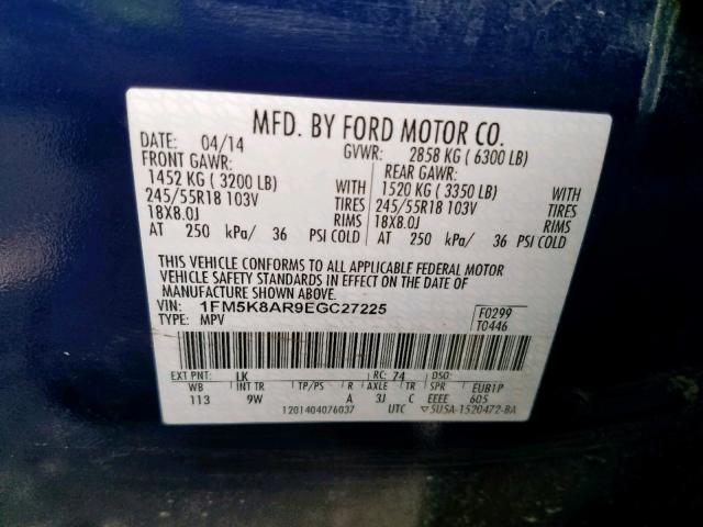 1FM5K8AR9EGC27225 - 2014 FORD EXPLORER P BLUE photo 10