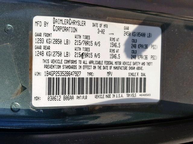 1B4GP25352B647927 - 2002 DODGE CARAVAN SE GREEN photo 10