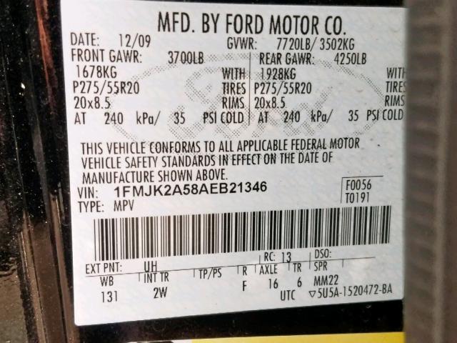 1FMJK2A58AEB21346 - 2010 FORD EXPEDITION BLUE photo 10