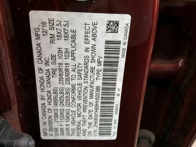 2HKRW1H89HH500386 - 2017 HONDA CR-V EXL MAROON photo 10