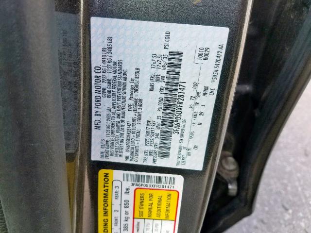 3FA6P0SUXFR281471 - 2015 FORD FUSION TIT GRAY photo 10