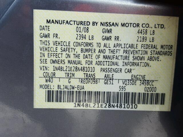 1N4BL21E28N481010 - 2008 NISSAN ALTIMA 3.5 GRAY photo 10