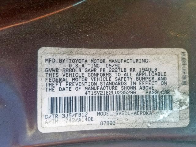 4T1SV21E2LU235296 - 1990 TOYOTA CAMRY DLX მუქწითელი ფოტო 10