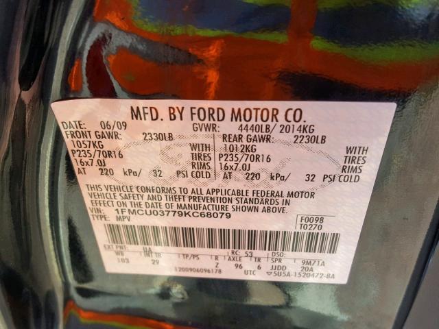 1FMCU03779KC68079 - 2009 FORD ESCAPE XLT BLACK photo 10