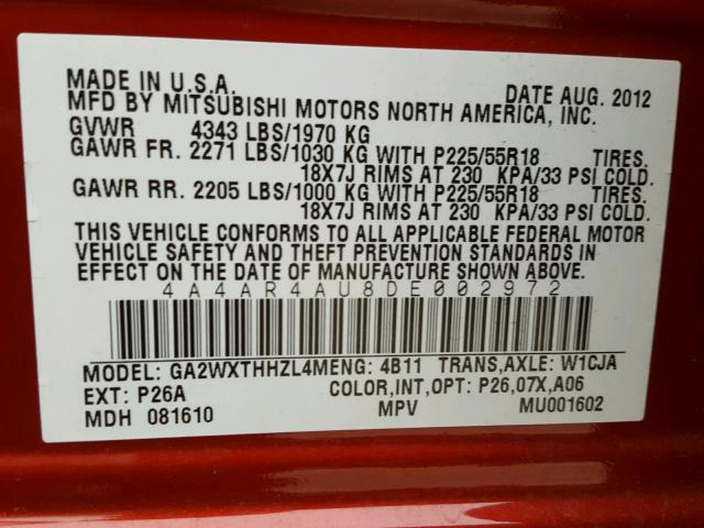 4A4AR4AU8DE002972 - 2013 MITSUBISHI OUTLANDER RED photo 10