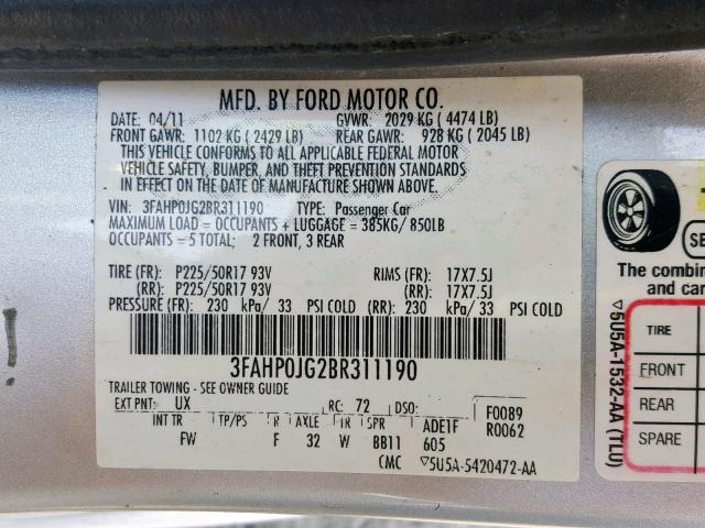 3FAHP0JG2BR311190 - 2011 FORD FUSION SEL SILVER photo 10