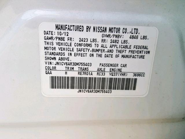 JN1CV6AR3DM755403 - 2013 INFINITI G37 WHITE photo 10