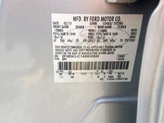 2FMDK3JC1ABB35828 - 2010 FORD EDGE SEL SILVER photo 10