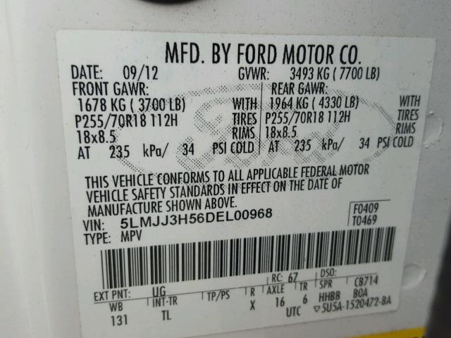 5LMJJ3H56DEL00968 - 2013 LINCOLN NAVIGATOR Ақ фото 10