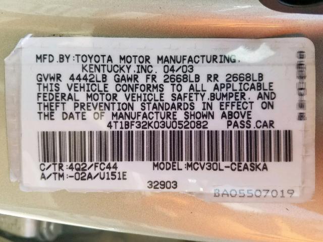 4T1BF32K03U052082 - 2003 TOYOTA CAMRY LE BROWN photo 10