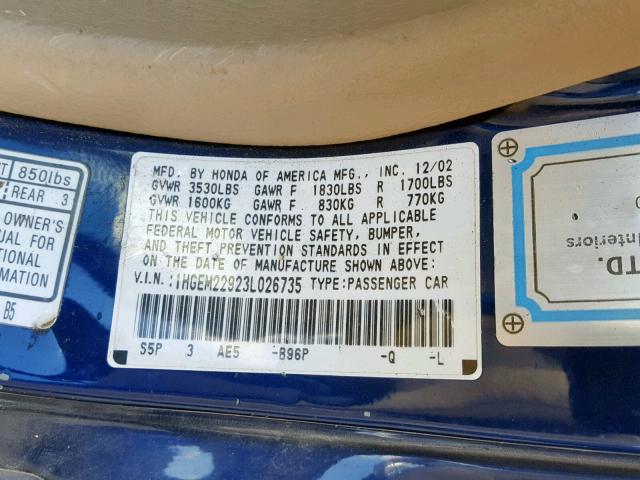 1HGEM22923L026735 - 2003 HONDA CIVIC EX BLUE photo 10