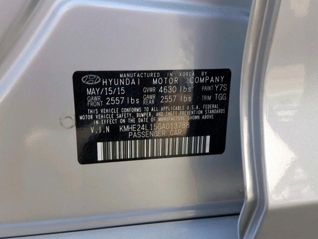 KMHE24L15GA013788 - 2016 HYUNDAI SONATA HYB SILVER photo 10