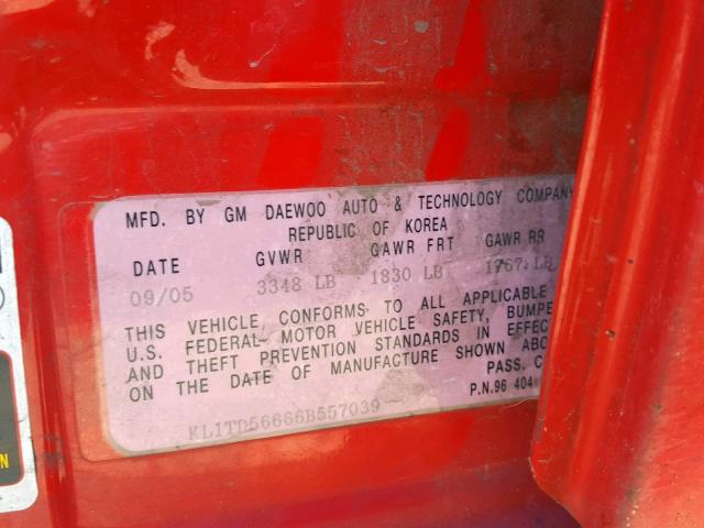 KL1TD56666B557039 - 2006 CHEVROLET AVEO BASE Қызыл фото 10