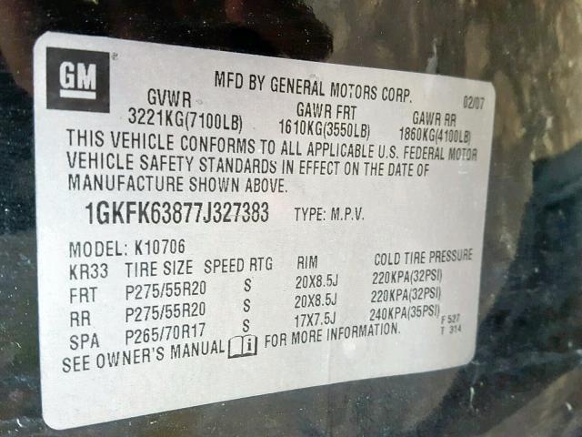 1GKFK63877J327383 - 2007 GMC YUKON DENA BLACK photo 10