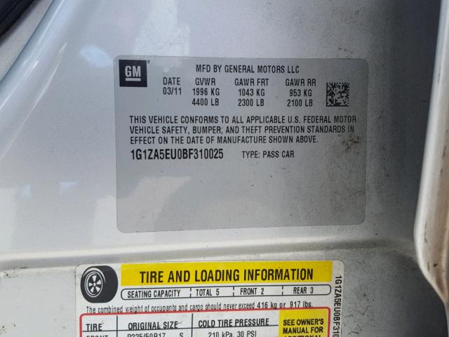 1G1ZA5EU0BF310025 - 2011 CHEVROLET MALIBU LS ვერცხლისფერი ფოტო 10