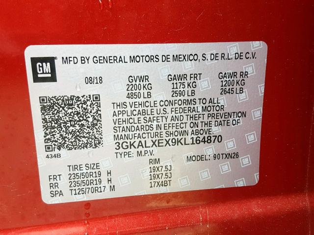 3GKALXEX9KL164870 - 2019 GMC TERRAIN DE RED photo 10