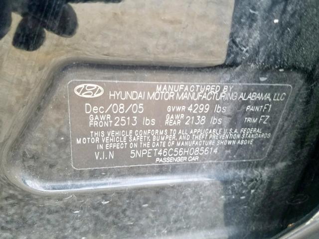 5NPET46C56H085614 - 2006 HYUNDAI SONATA GL BLACK photo 10