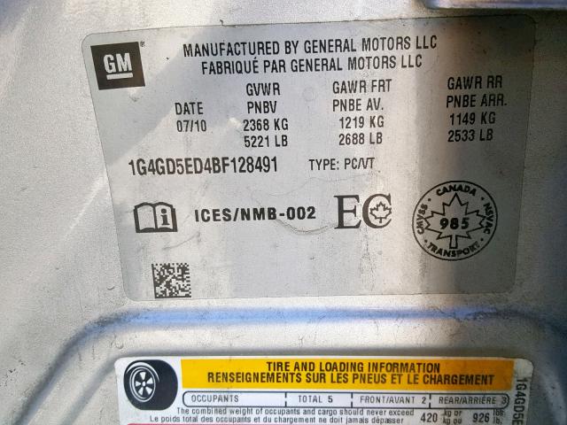 1G4GD5ED4BF128491 - 2011 BUICK LACROSSE C SILVER photo 10