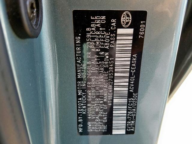 4T1BE46K27U538451 - 2007 TOYOTA CAMRY CE/L TEAL photo 10