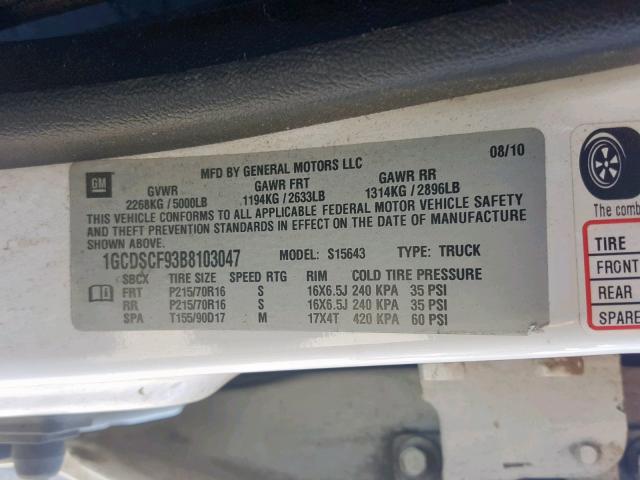 1GCDSCF93B8103047 - 2011 CHEVROLET COLORADO L WHITE photo 10