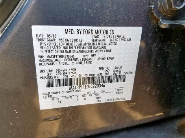 MAJ3P1TE0JC220346 - 2018 FORD ECOSPORT S GRAY photo 10