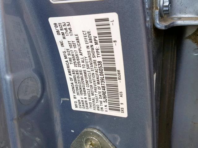 5J6RE48739L060538 - 2009 HONDA CR-V EXL BLUE photo 10