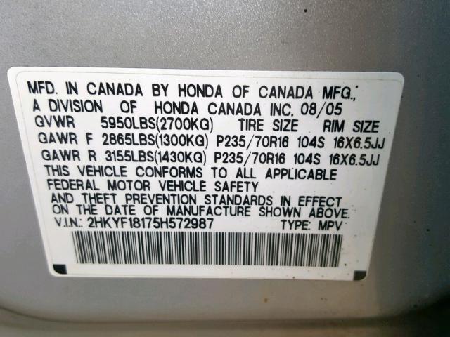 2HKYF18175H572987 - 2005 HONDA PILOT LX SILVER photo 10