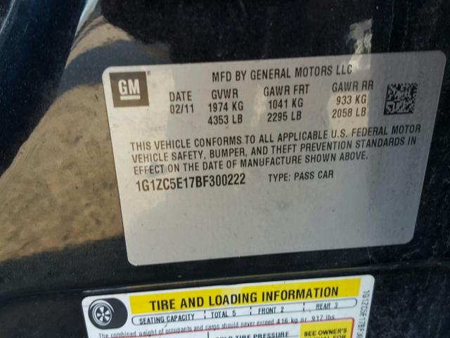 1G1ZC5E17BF300222 - 2011 CHEVROLET MALIBU 1LT BLACK photo 10