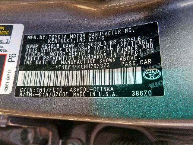 4T1BF1FK0HU297373 - 2017 TOYOTA CAMRY LE GRAY photo 10