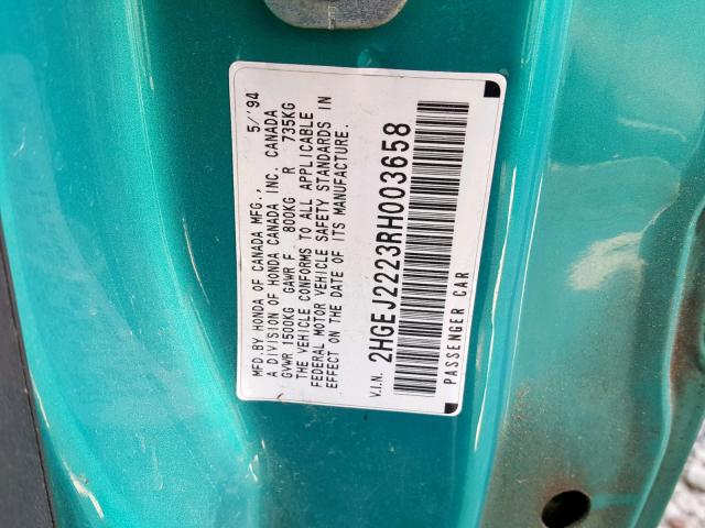 2HGEJ2223RH003658 - 1994 HONDA CIVIC DX GREEN photo 10