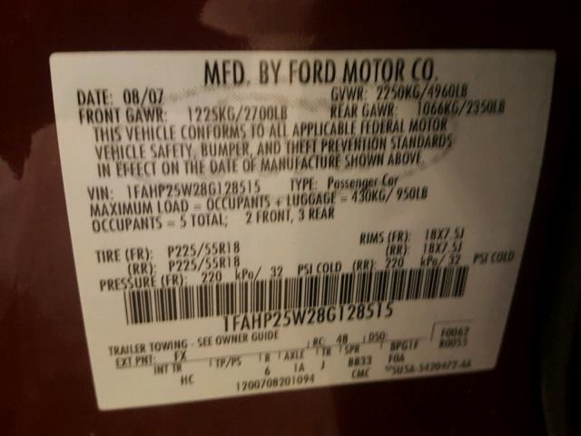 1FAHP25W28G128515 - 2008 FORD TAURUS LIM RED photo 10