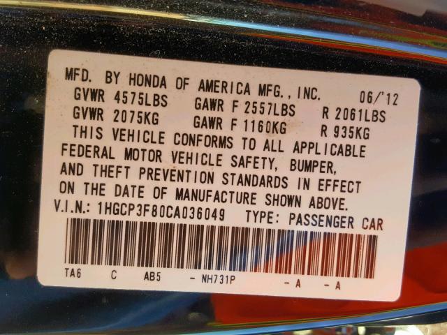 1HGCP3F80CA036049 - 2012 HONDA ACCORD EXL BLACK photo 10