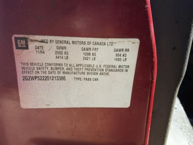 2G2WP522251213386 - 2005 PONTIAC GRAND PRIX RED photo 10