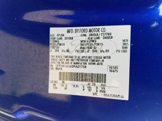 1FTYR14U45PA01758 - 2005 FORD RANGER SUP BLUE photo 10