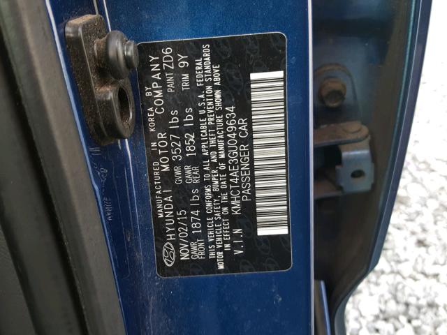 KMHCT4AE3GU049634 - 2016 HYUNDAI ACCENT SE BLUE photo 10