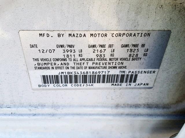 JM1BK343681869717 - 2008 MAZDA 3 HATCHBAC WHITE photo 10