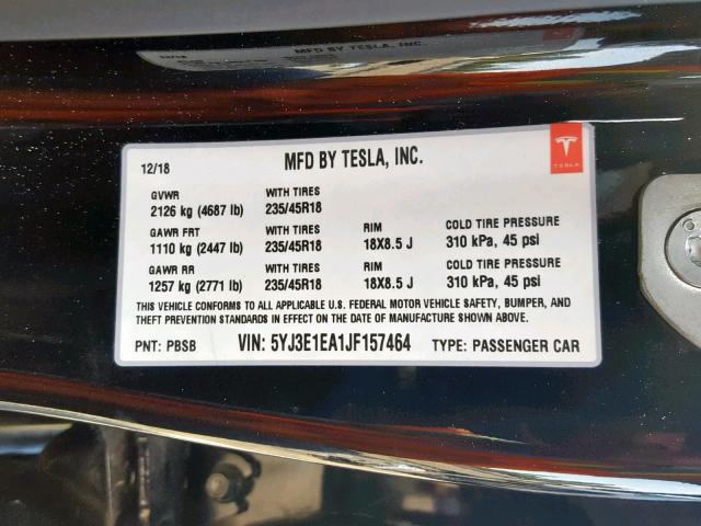 5YJ3E1EA1JF157464 - 2018 TESLA MODEL 3 BLACK photo 10