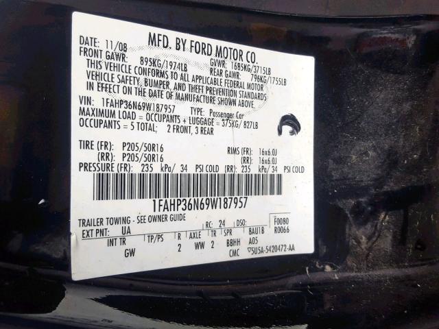 1FAHP36N69W187957 - 2009 FORD FOCUS SES BLACK photo 10