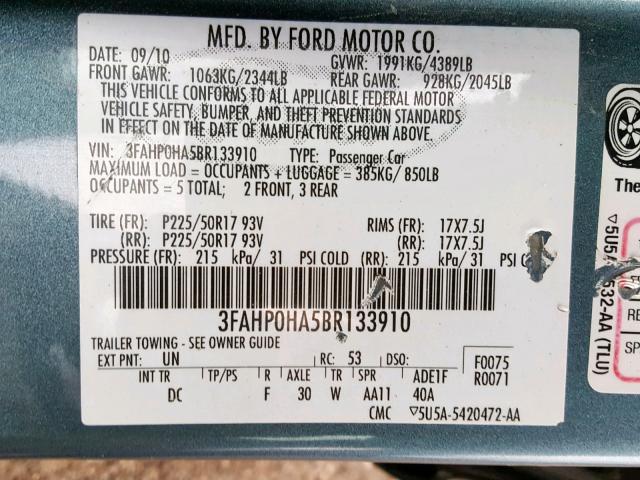 3FAHP0HA5BR133910 - 2011 FORD FUSION SE BLUE photo 10