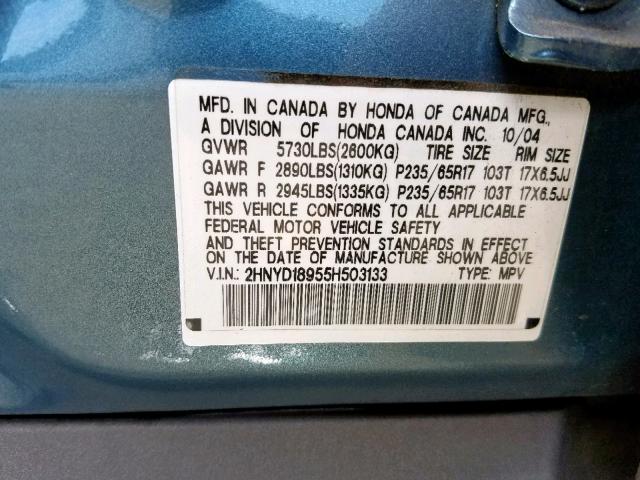 2HNYD18955H503133 - 2005 ACURA MDX TOURIN TEAL photo 10