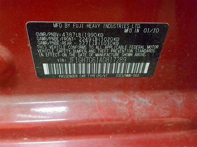 JF1GH7G61AG817289 - 2010 SUBARU IMPREZA WR RED photo 10