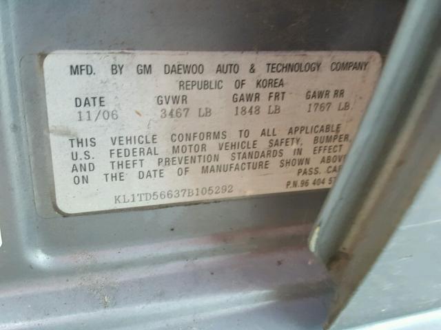 KL1TD56637B105292 - 2007 CHEVROLET AVEO BASE Сұр фото 10