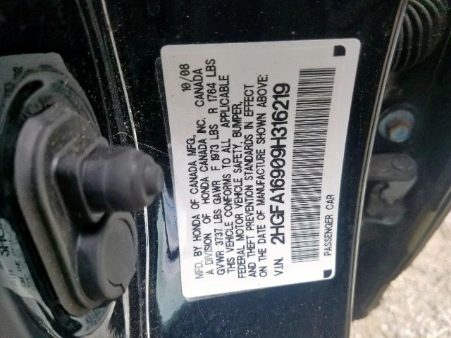 2HGFA16909H316219 - 2009 HONDA CIVIC EXL 黑色 照片 10