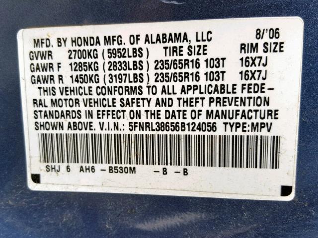 5FNRL38656B124056 - 2006 HONDA ODYSSEY EX BLUE photo 10