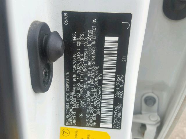 JTEES43A882096483 - 2008 TOYOTA HIGHLANDER WHITE photo 10