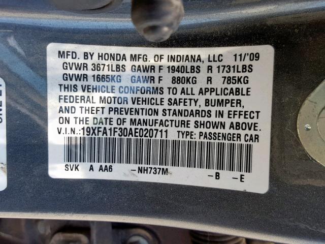 19XFA1F30AE020711 - 2010 HONDA CIVIC VP GRAY photo 10