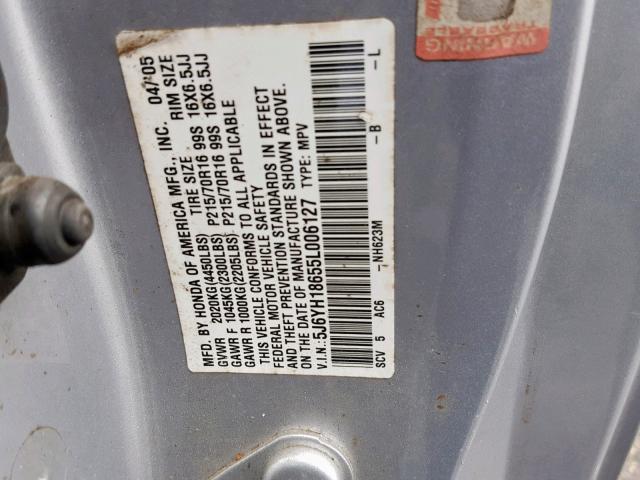 5J6YH18655L006127 - 2005 HONDA ELEMENT EX SILVER photo 10