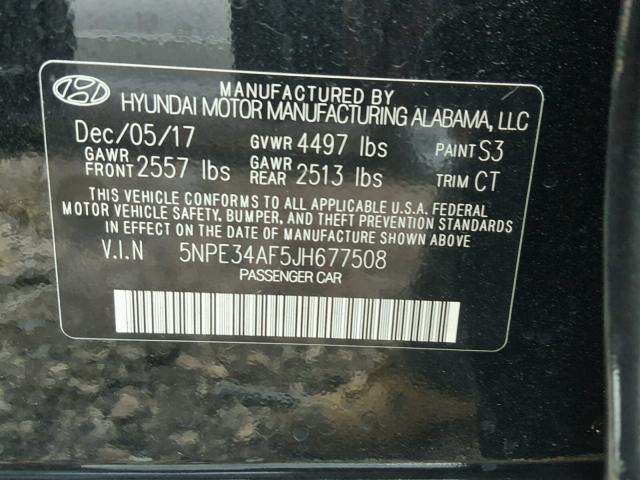 5NPE34AF5JH677508 - 2018 HYUNDAI SONATA SPO BLACK photo 10