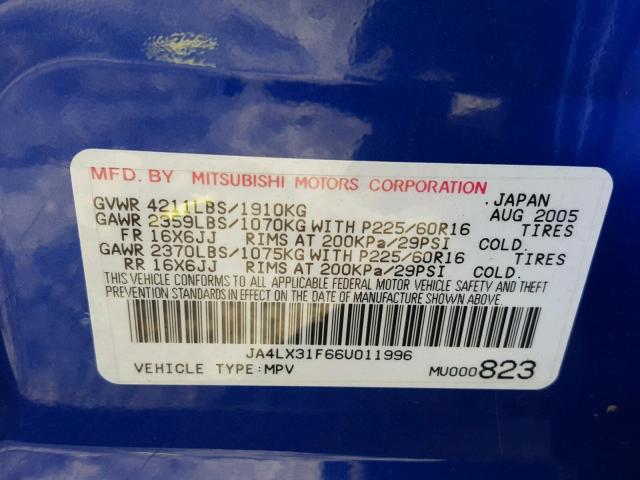 JA4LX31F66U011996 - 2006 MITSUBISHI OUTLANDER BLUE photo 10